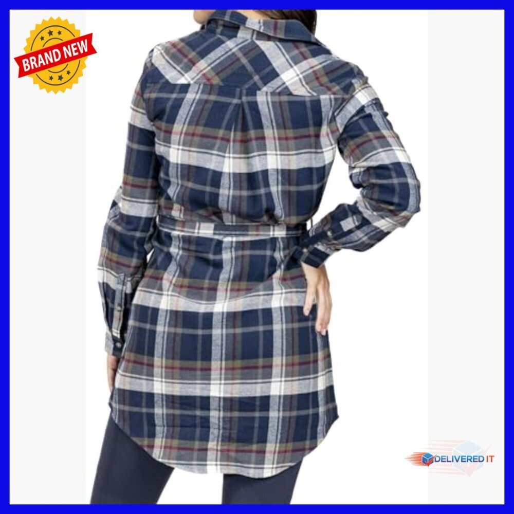 Long Sleeve Plaid Flannel Button Up Tunic Dress with Belt - Picture 2 of 6